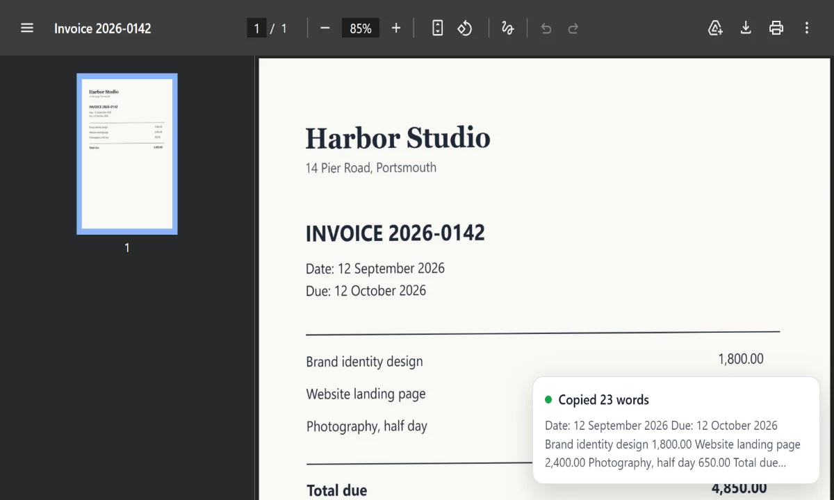 A scanned invoice PDF with its text copied, and a notice saying Copied 23 words.